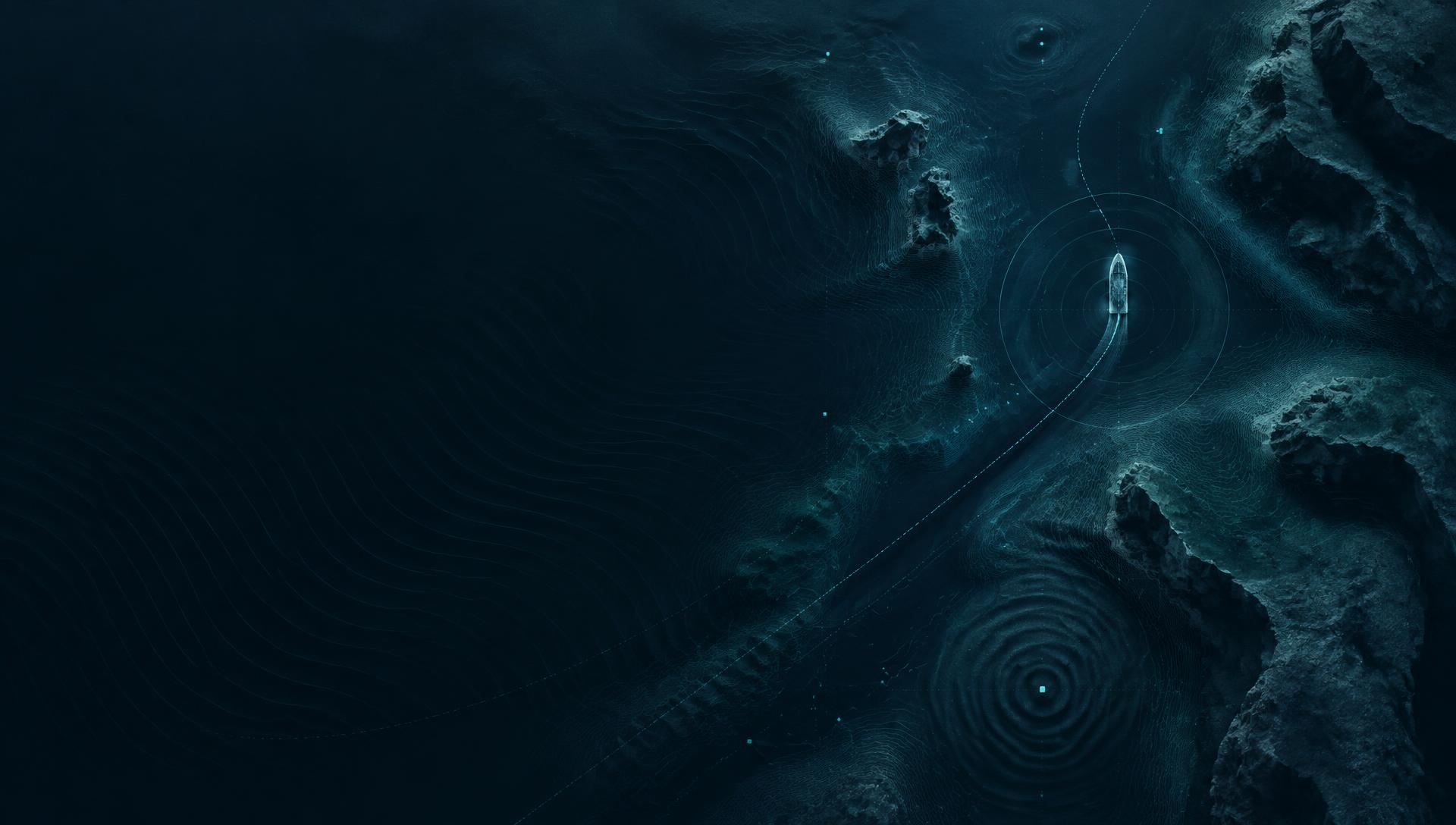 Abstract sonar chart showing an autonomous vessel route through coastal waters